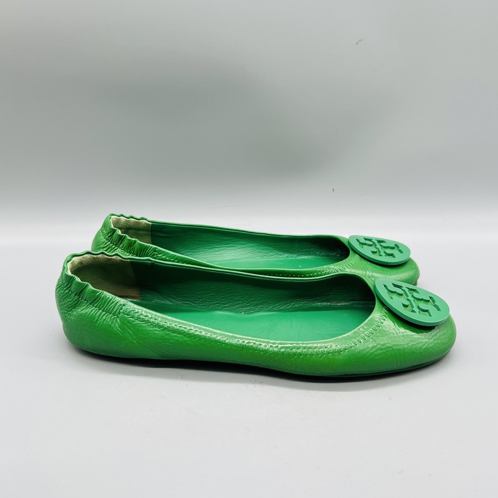 Tory Burch Shoes Womens 9 Green Leather Reva Ballet Flats Logo Slip On Comfort
